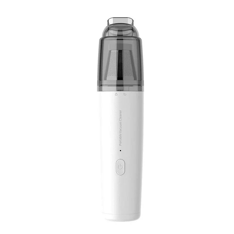 White portable handheld vacuum cleaner with gray dust container, isolated on white background