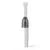 Handheld immersion blender with stainless steel shaft and black handle on white background