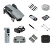Foldable drone kit with remote, batteries, VR goggles, propellers, SD card, charger, and case