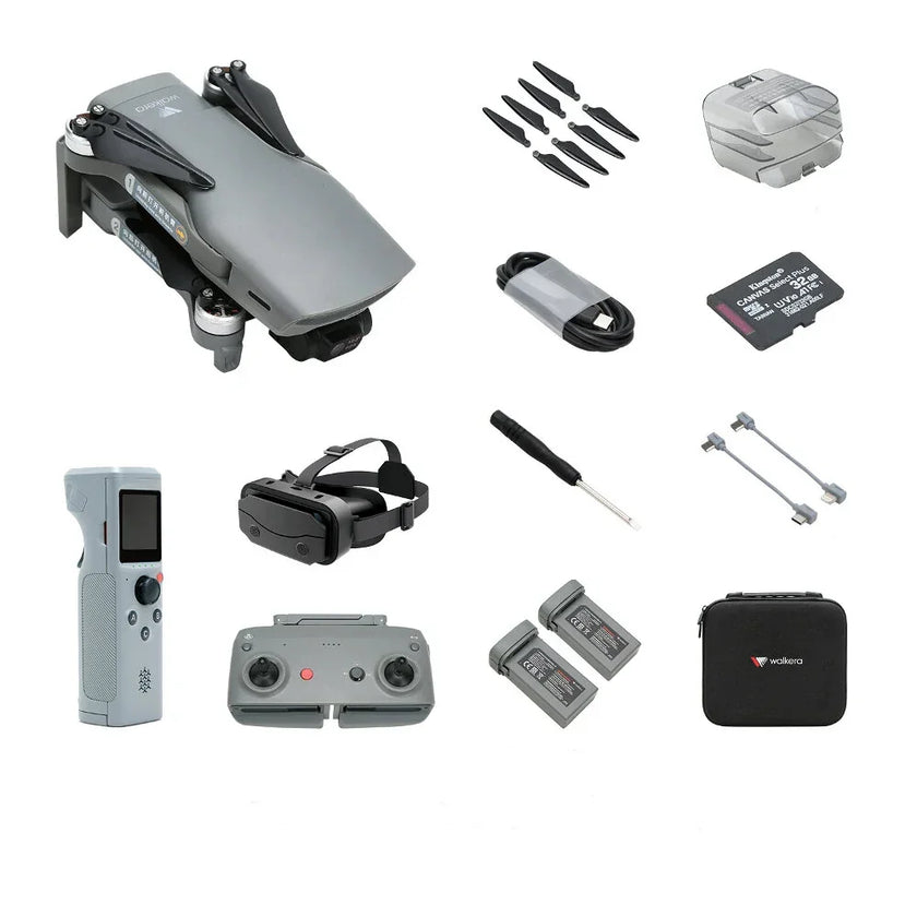 Foldable drone kit with remote, batteries, VR goggles, propellers, SD card, charger, and case