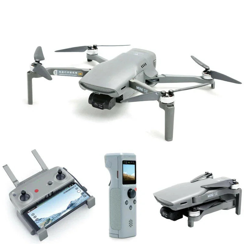 DJI Mini SE drone with camera, remote controller, smart controller, and folded drone view