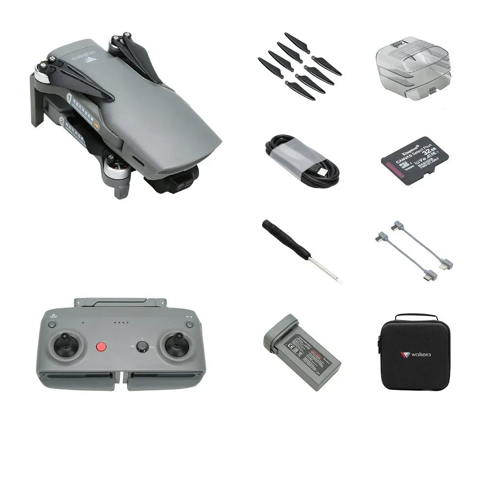 Foldable drone kit with remote controller, propellers, battery, charger, SD card, tools, carrying case.