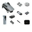 Gray foldable drone set with controller, VR goggles, batteries, propellers, SD card, and carrying case