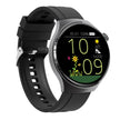 Round black smart watch with fitness tracker, weather, and digital flower display