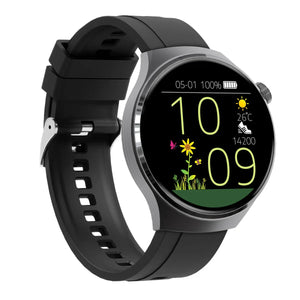 Round black smart watch with fitness tracker, weather, and digital flower display