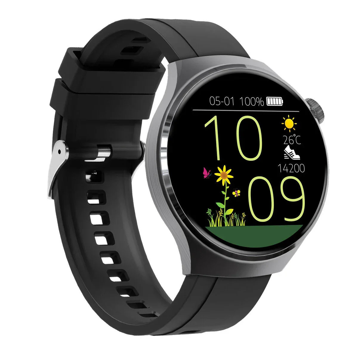 Round black smart watch with fitness tracker, weather, and digital flower display