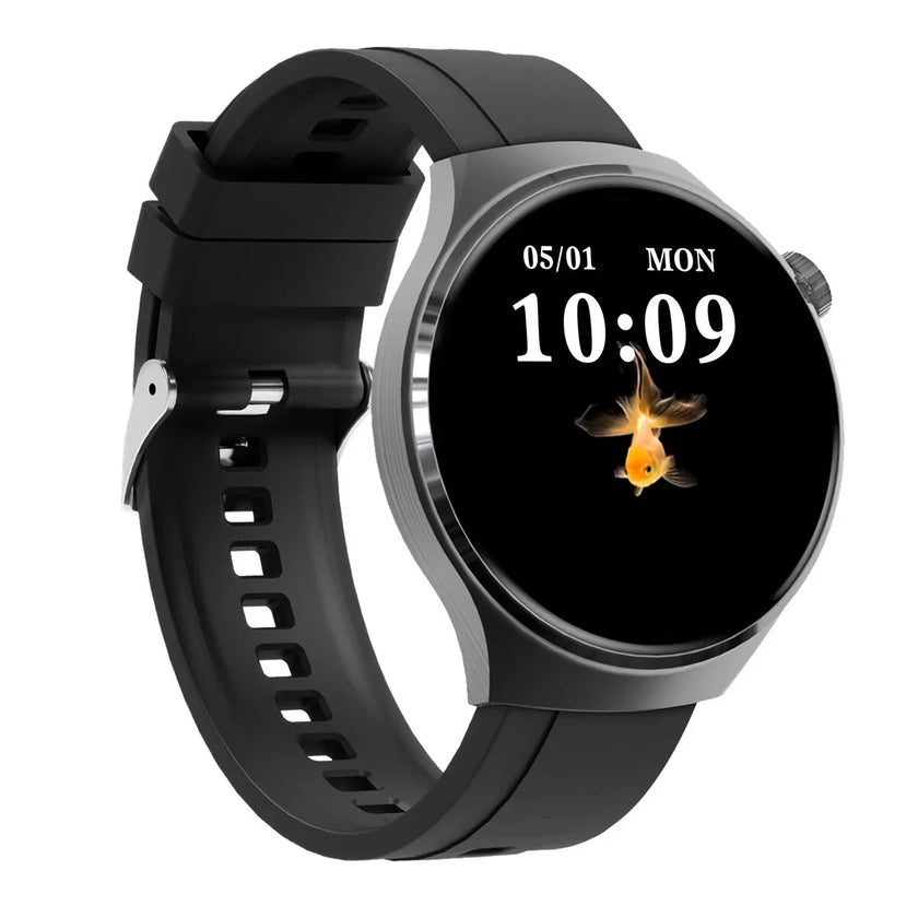 Black smart watch with digital goldfish display and silicone band