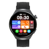 Black round smartwatch with colorful fitness tracking display and health monitoring icons