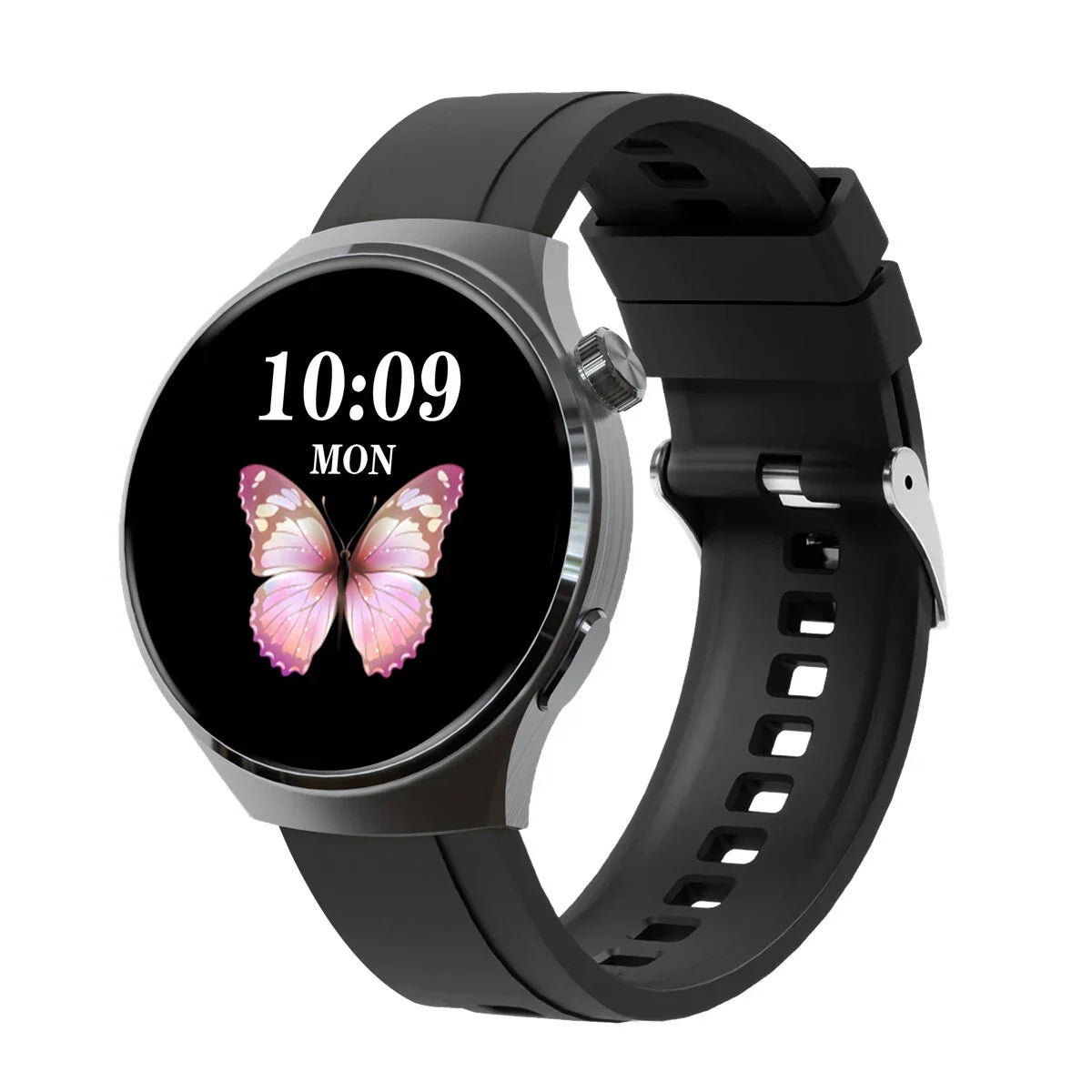 Black smartwatch with round face, digital butterfly display, and silicone strap