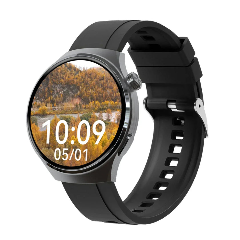 Black smart watch with round face displaying digital time and mountain landscape