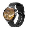 Black smart watch with round face displaying digital time and mountain landscape