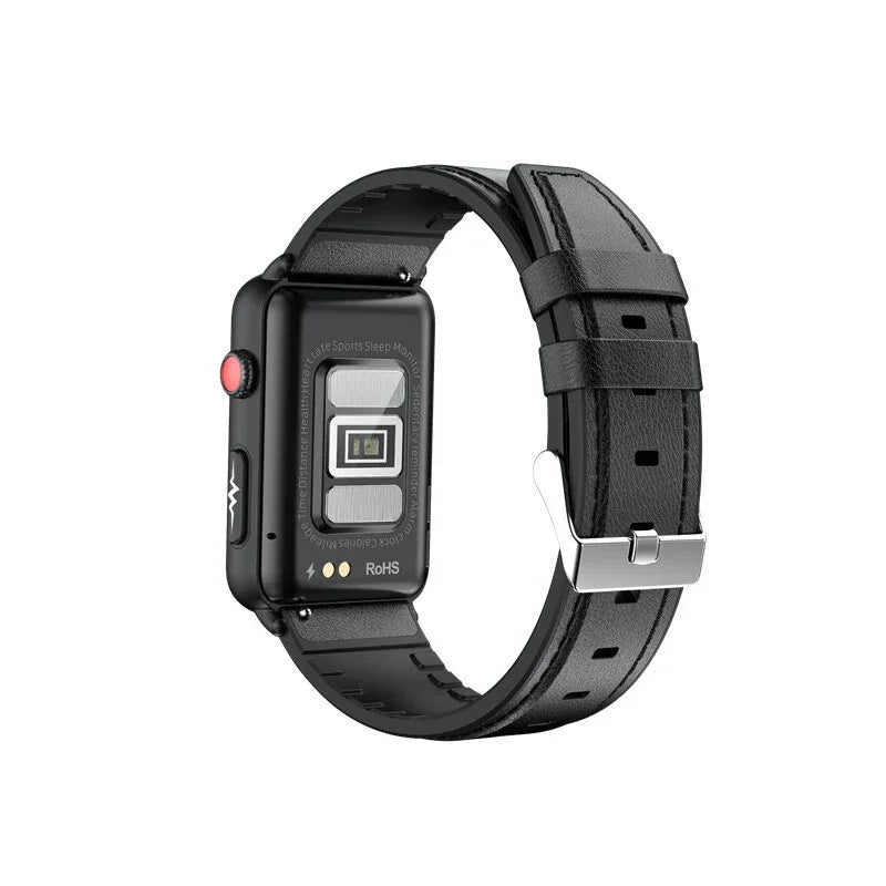 Black smartwatch with a leather strap and heart rate sensor on a white background