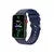 Black smart fitness watch with blue strap and colorful digital display on white background