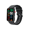 Black fitness smartwatch with color display showing time, heart rate, steps, and calories.