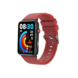Red fitness smartwatch with color display, heart rate tracker, and step counter on screen