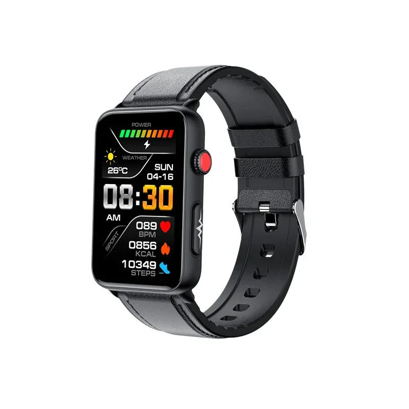 Black smart watch with rectangular display, fitness tracker, weather, heart rate, and leather strap