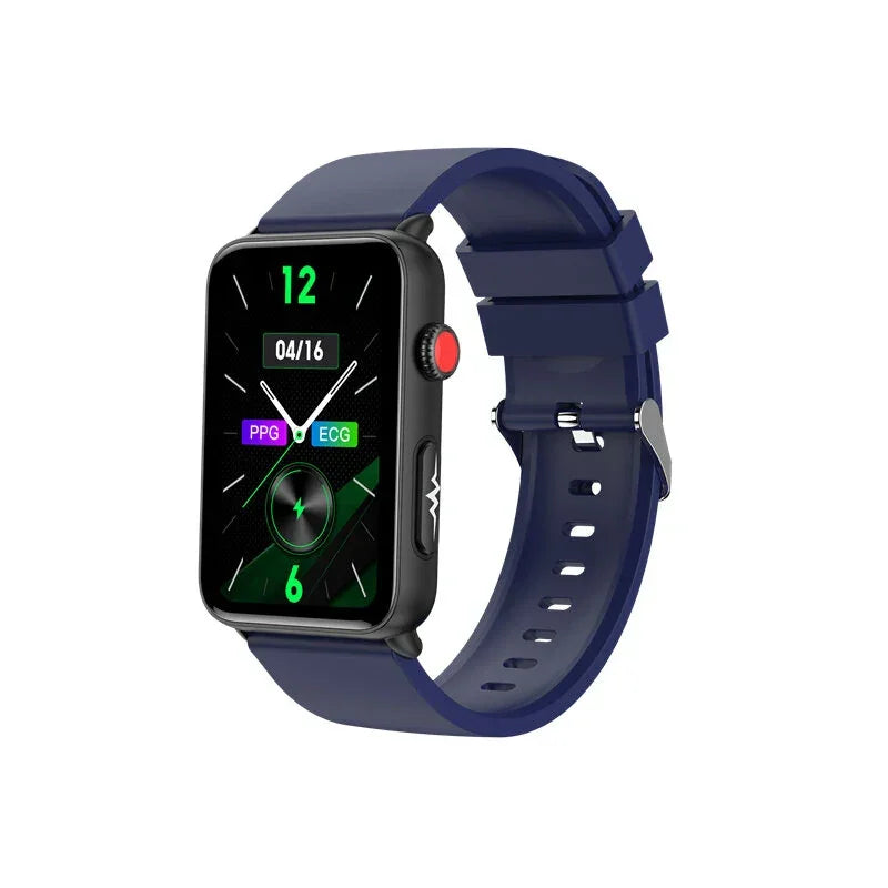 Blue strap smart watch with rectangular black display showing digital clock and ECG icons