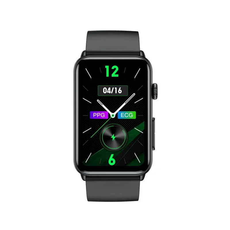 Black rectangular smartwatch with digital display, date, PPG and ECG health tracking