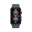 Rectangular smart watch with blue strap showing heart rate and step count on screen
