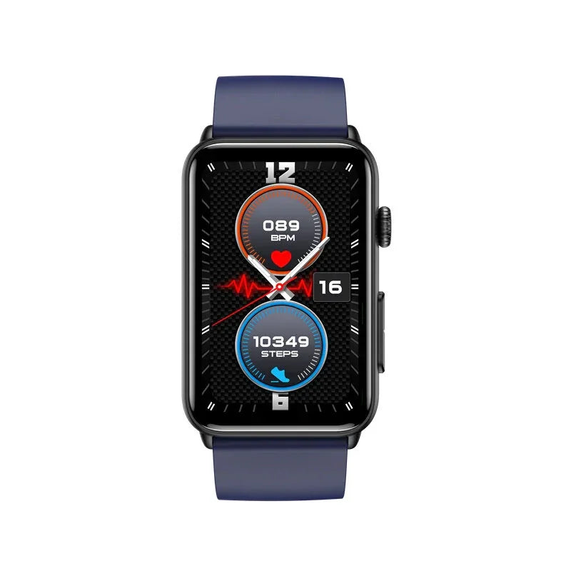 Rectangular smart watch with blue strap showing heart rate and step count on screen