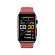 Smartwatch with rectangular display, red strap, fitness and health tracking stats on screen
