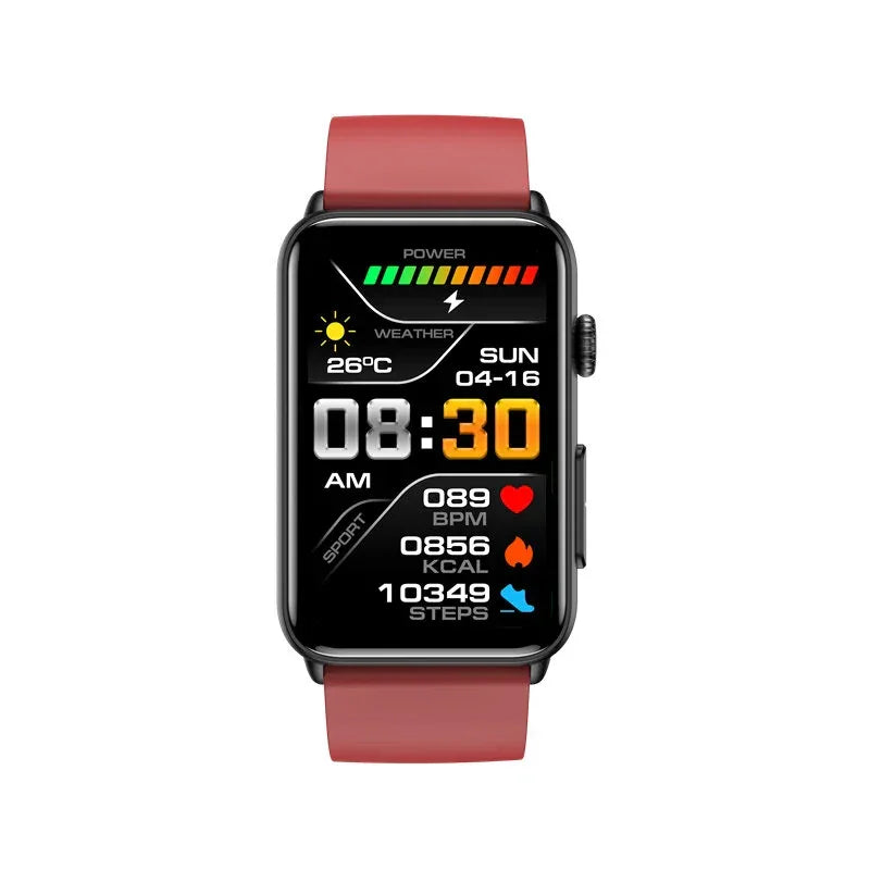 Smartwatch with rectangular display, red strap, fitness and health tracking stats on screen