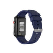 Black smart watch with navy silicone strap, heart rate sensor and metal clasp