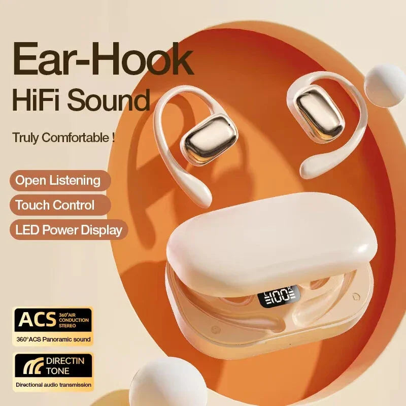 Beige ear-hook wireless earbuds with LED charging case, touch control, open listening