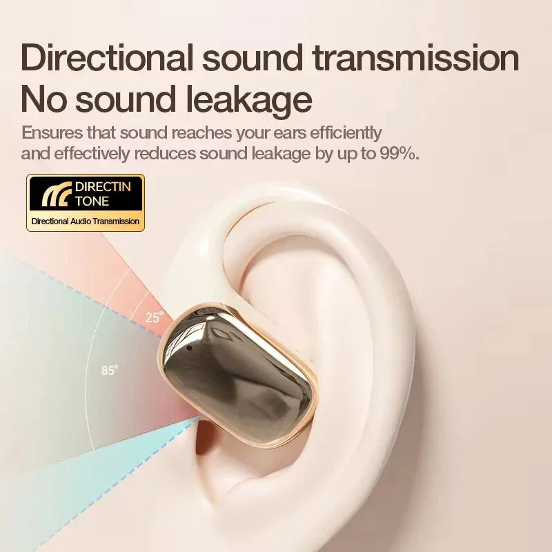 Gold wireless earbud in ear showing directional sound transmission and no sound leakage