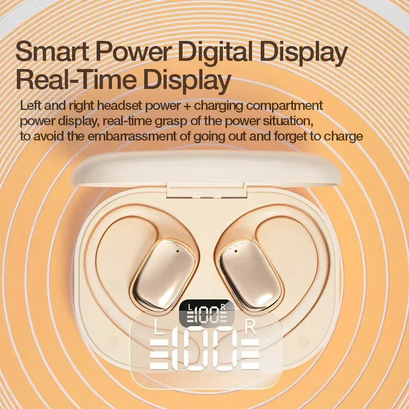 Wireless earbuds in charging case with smart digital battery display on orange background