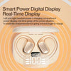 Wireless earbuds in charging case with smart digital battery display on orange background