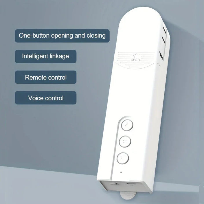 Smart remote control device with voice control features and three buttons on gray background