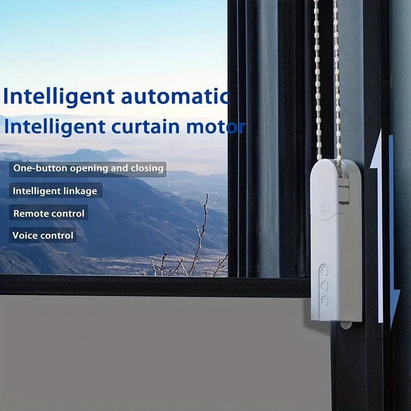 Smart curtain motor device on window frame with mountain view, remote and voice control features