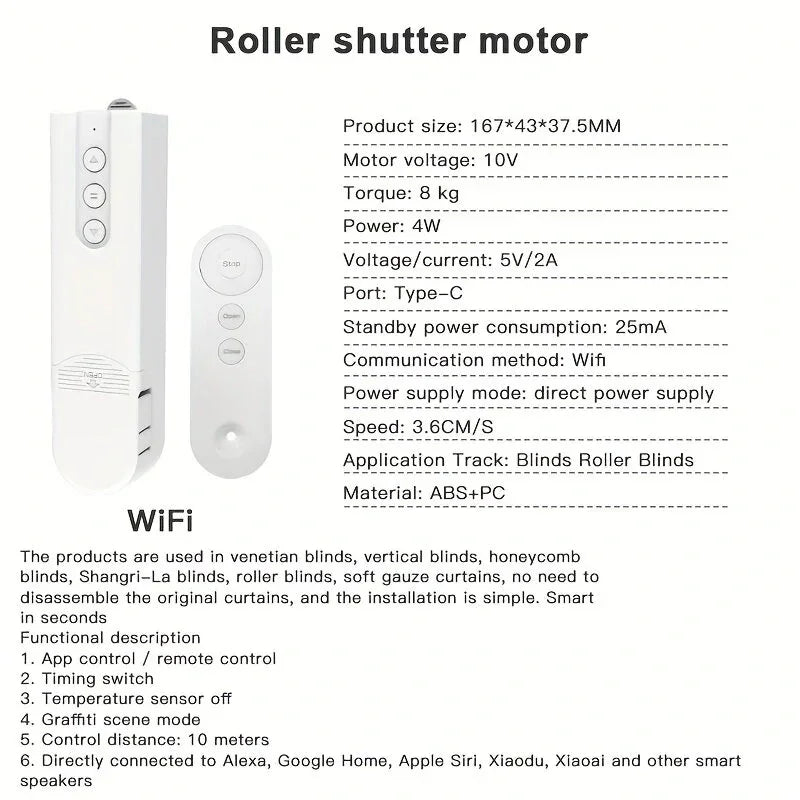 WiFi roller shutter motor and remote, product specs and features for blinds automation