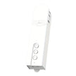 White electric roller shade remote control with three buttons on a plain background