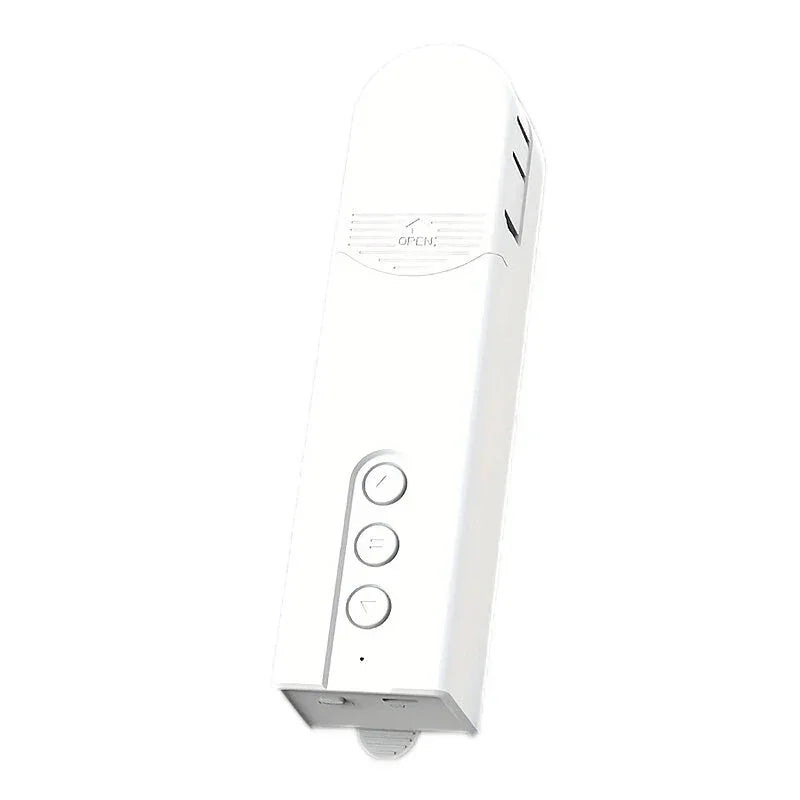 White electric roller shade remote control with three buttons on a plain background