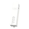White electric roller shade remote control with three buttons on a plain background