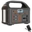 Portable power station with handle, LCD display, multiple outlet ports, and charger