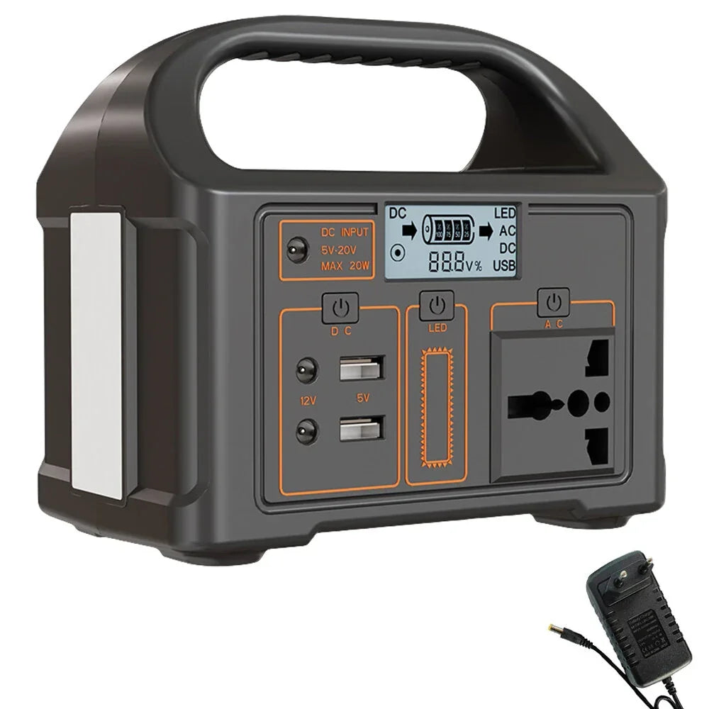 Portable power station with handle, LCD display, multiple outlet ports, and charger