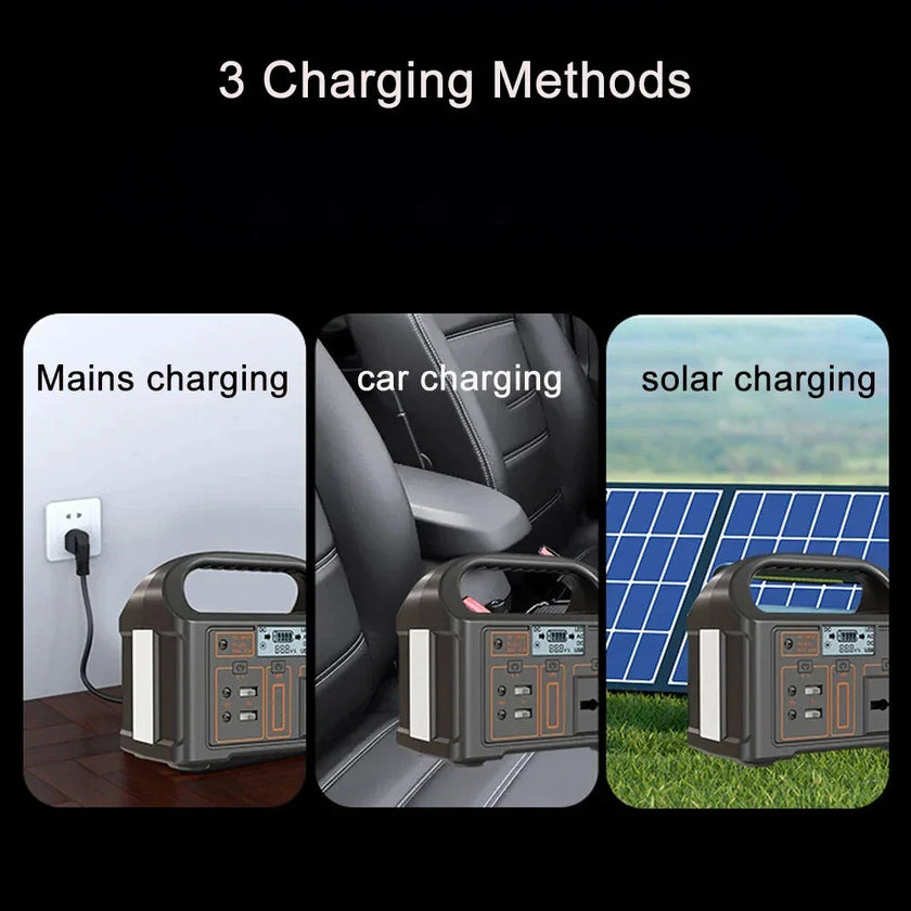 Portable power station showing mains, car, and solar charging methods