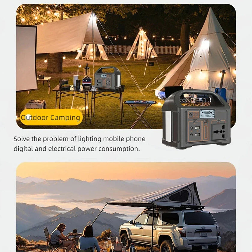 Portable power station at outdoor camping site with tents, lights, and electronics