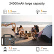 Portable power station on beach with group camping, tent, and 24000mAh battery capacity info