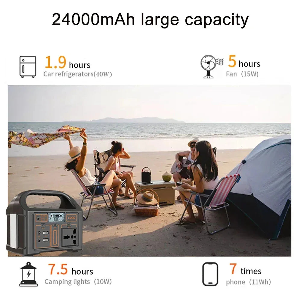 Portable power station on beach with group camping, tent, and 24000mAh battery capacity info