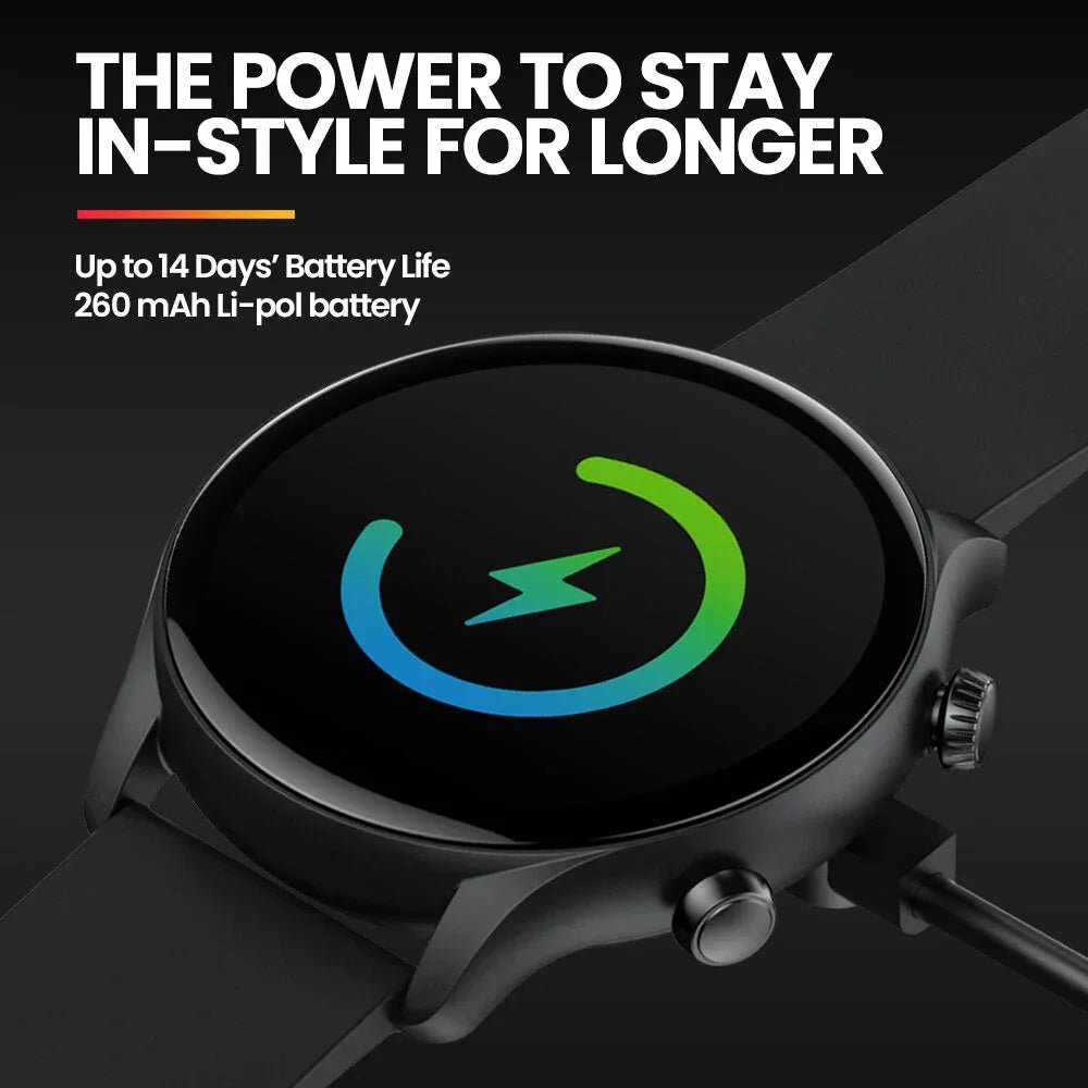 Black smart watch charging with up to 14 days battery life and 260 mAh Li-pol battery displayed.