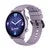 Purple smart watch with round face and silicone strap, digital display showing time