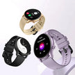 Three stylish round smartwatches in black, gold, and lavender with digital displays