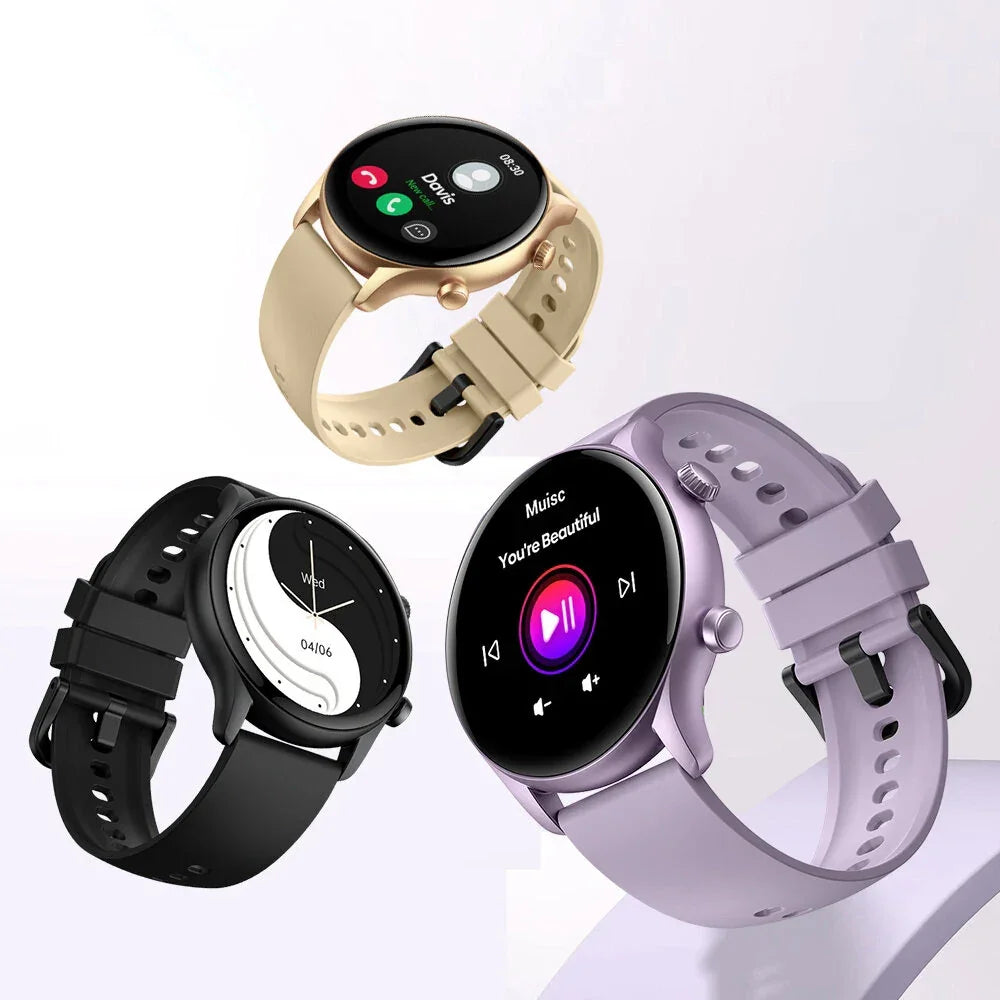 Three stylish round smartwatches in black, gold, and lavender with digital displays