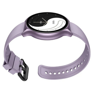 Purple smartwatch with round display and modern yin-yang watch face on white background