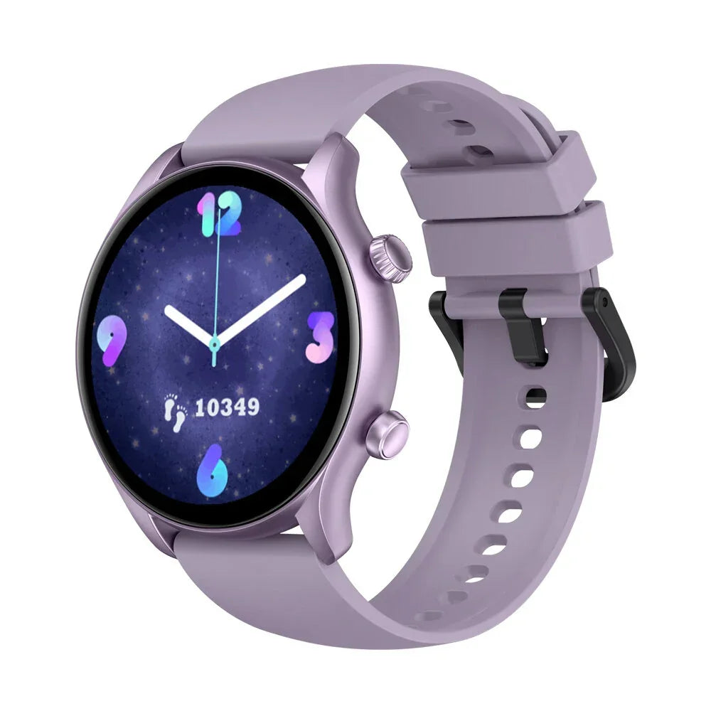 Purple smartwatch with round display showing step count and colorful numbers