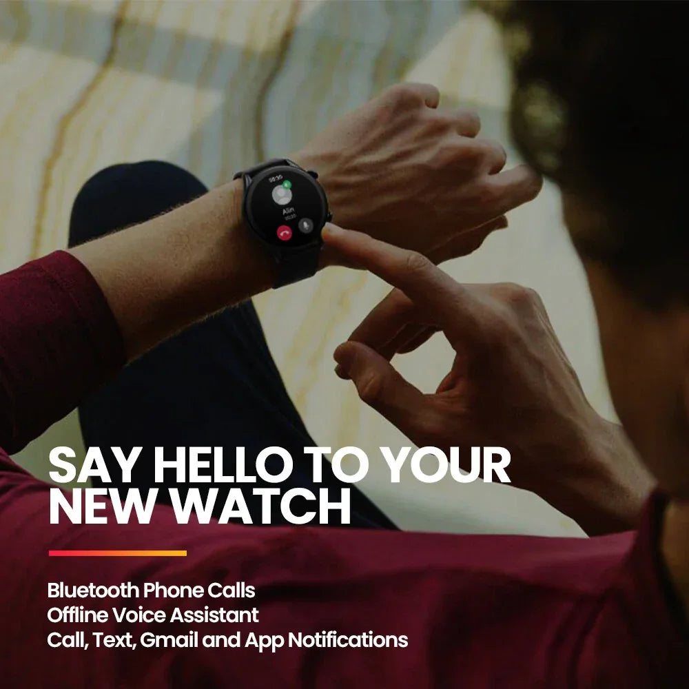 Man using a black smartwatch with call and notification features, text highlights Bluetooth calls.